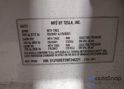 2021 Tesla Model Y Performance Dual Motor All-Wheel Drive z USA, uszkodzony, nr VIN 5YJYGDEF2MF246221